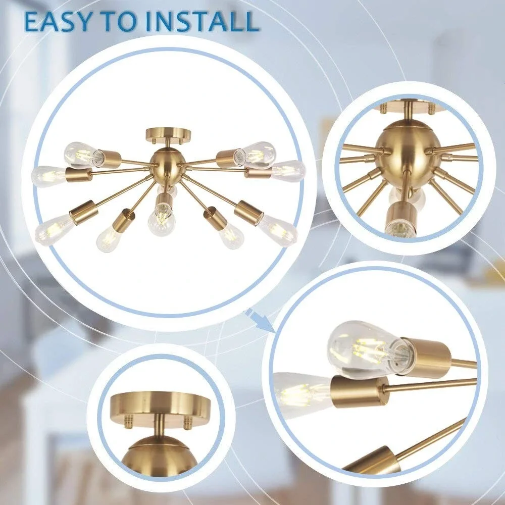 Modern Sputnik Chandelier Brushed Brass‎ 10 Light Flush Mount Ceiling Lamp